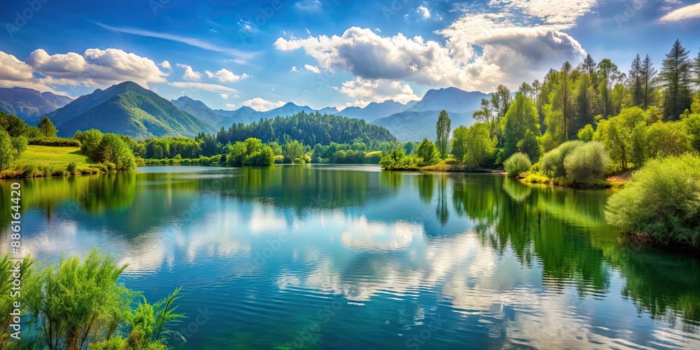 A serene and picturesque landscape featuring a tranquil lake surrounded by lush greenery and mountains in the background A serene and picturesque landscape featuring a tranquil lake surrounded by lush greenery and mountains in the background