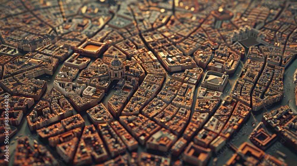 Depict the intricate network of streets and neighborhoods in Madrid, seen from an elevated perspective that emphasizes the city's layout Depict the intricate network of streets and neighborhoods in Madrid, seen from an elevated perspective that emphasizes the city's layout