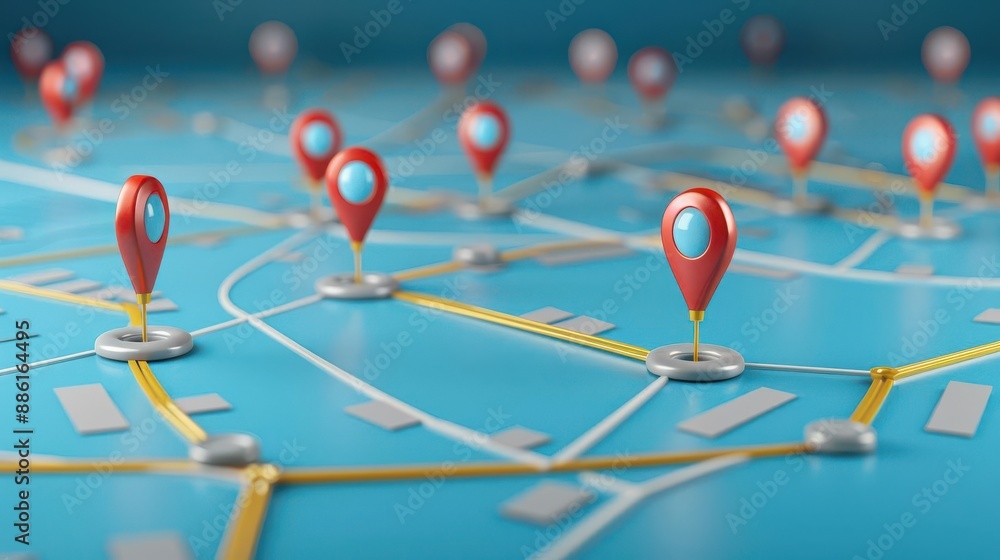 3D digital illustration of a blue map with red location pins 3D digital illustration of a blue map with red location pins