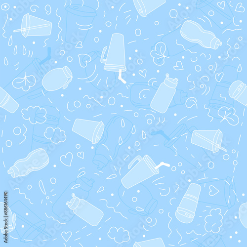 Water bottles seamless pattern for healthy lifestyle on blue background. Water balance vector illustration. World water day. Health protection concept, drink more water concept.