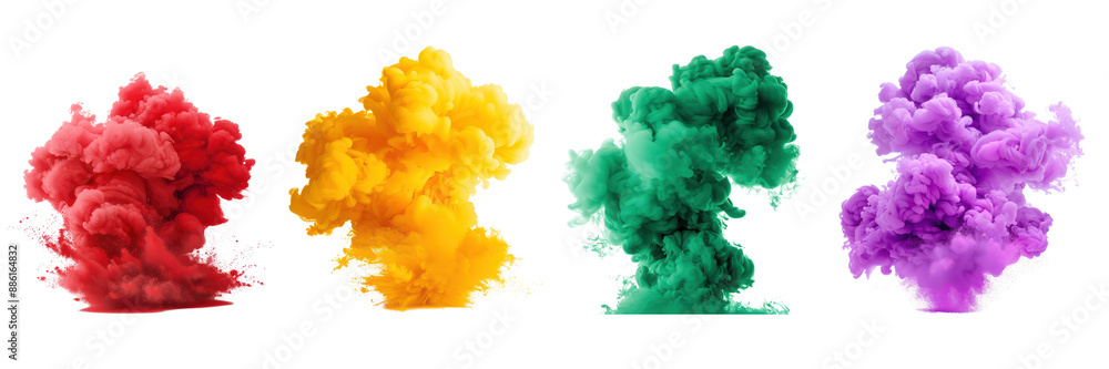 Vibrant Colorful Smoke Clouds in Red, Yellow, Green, and Purple on Transparent Background Vibrant Colorful Smoke Clouds in Red, Yellow, Green, and Purple on Transparent Background