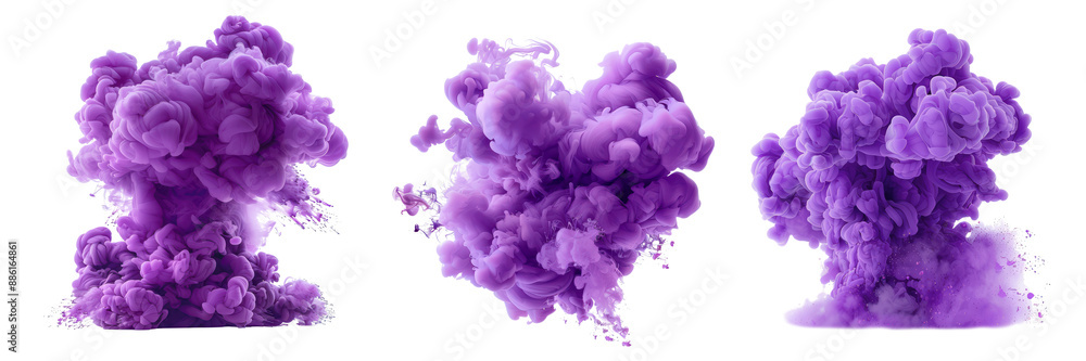 Three Vibrant Purple Smoke Clouds Isolated on Transparent Background, Abstract Shapes and Textures, Creative and Artistic Visuals Three Vibrant Purple Smoke Clouds Isolated on Transparent Background, Abstract Shapes and Textures, Creative and Artistic Visuals