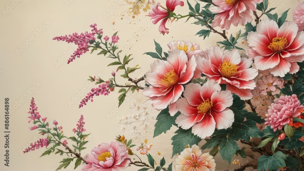 Fototapeta premium Pink and White Flowers on a Beige Background.