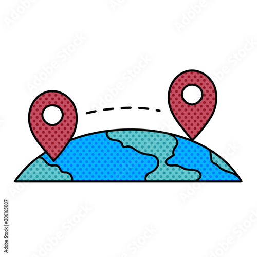map pin route halftone hand drawn  color vector illustration