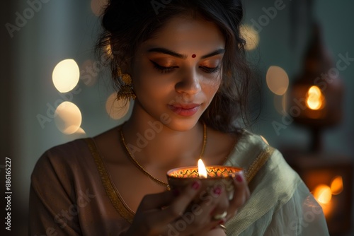 Beautiful Indian Women Celebrating Festival with Candlelight in Traditional Attire photo