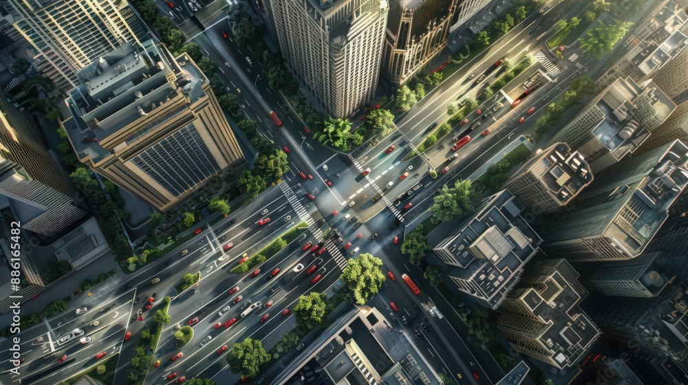 Depict the ordered chaos of a modern city's street grid, with traffic moving amidst skyscrapers and urban parks, from a detailed aerial perspective Depict the ordered chaos of a modern city's street grid, with traffic moving amidst skyscrapers and urban parks, from a detailed aerial perspective