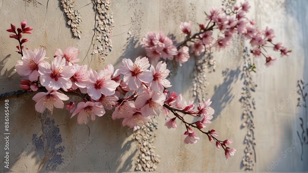 Pink Flowers on a Branch Against a Textured Wall. Pink Flowers on a Branch Against a Textured Wall.