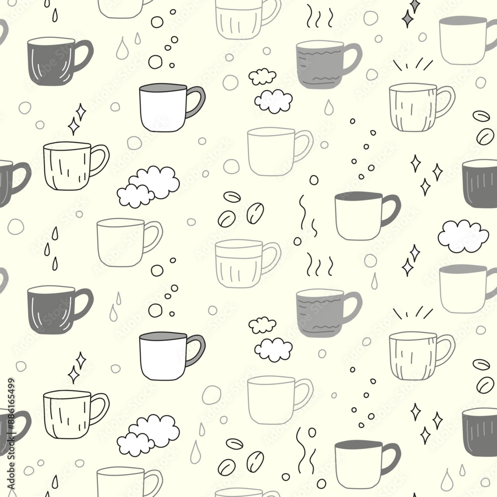 Obraz premium Cute cups doodle seamless vector pattern. Print for fabric, wrapping paper, kitchen textile.