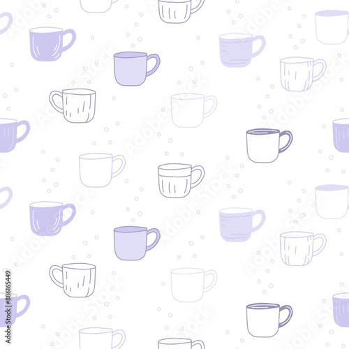Modern doodle print. Tea cups seamless pattern. Design for home tea lovers. Vector illustration. Good for fabric, wrapping paper, kitchen textile.