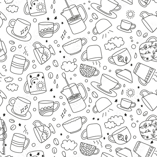 Doodle seamless cup pattern. Coffee and tea mugs. Black line porcelain on a white. Print drink mug, cup of tea, bowl of coffee. Vector illustration for fabric, wrapping paper, kitchen textile.