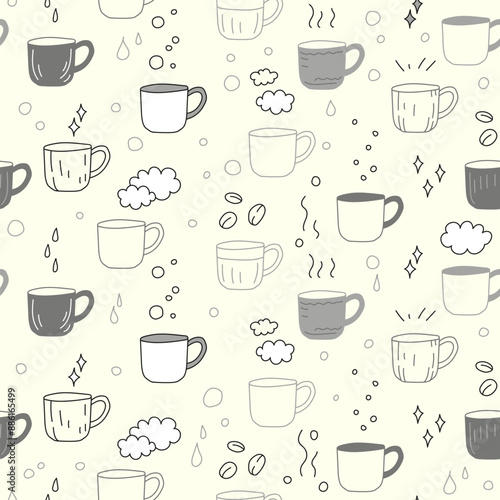 Cute cups doodle seamless vector pattern. Print for fabric, wrapping paper, kitchen textile.