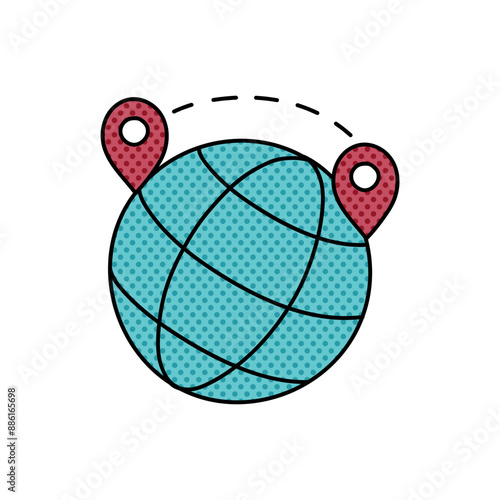 map pin route on globe halftone hand drawn  color vector illustration