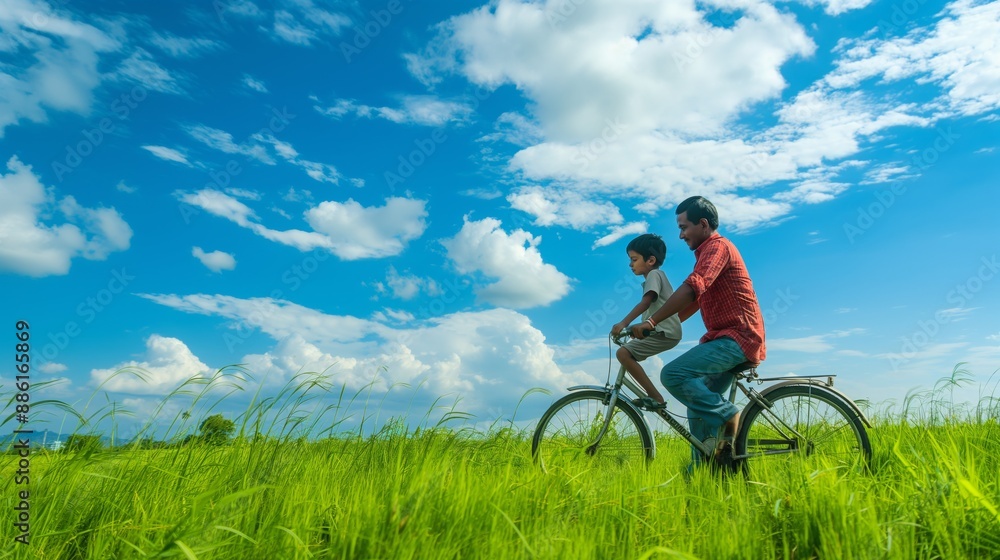 Father and Son on a Bicycle Ride Through a Lush Green Field Under a Clear Sky Father and Son on a Bicycle Ride Through a Lush Green Field Under a Clear Sky