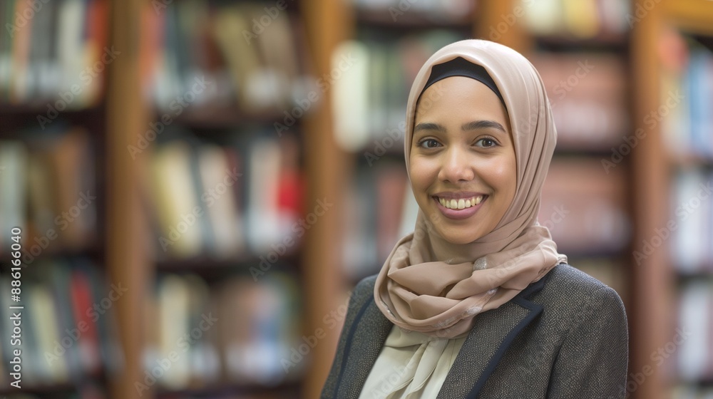 Confident Female Historian in Hijab with Formal Clothes Smiling at Camera in Historical Library Showcasing Love for History and Academic Excellence Confident Female Historian in Hijab with Formal Clothes Smiling at Camera in Historical Library Showcasing Love for History and Academic Excellence