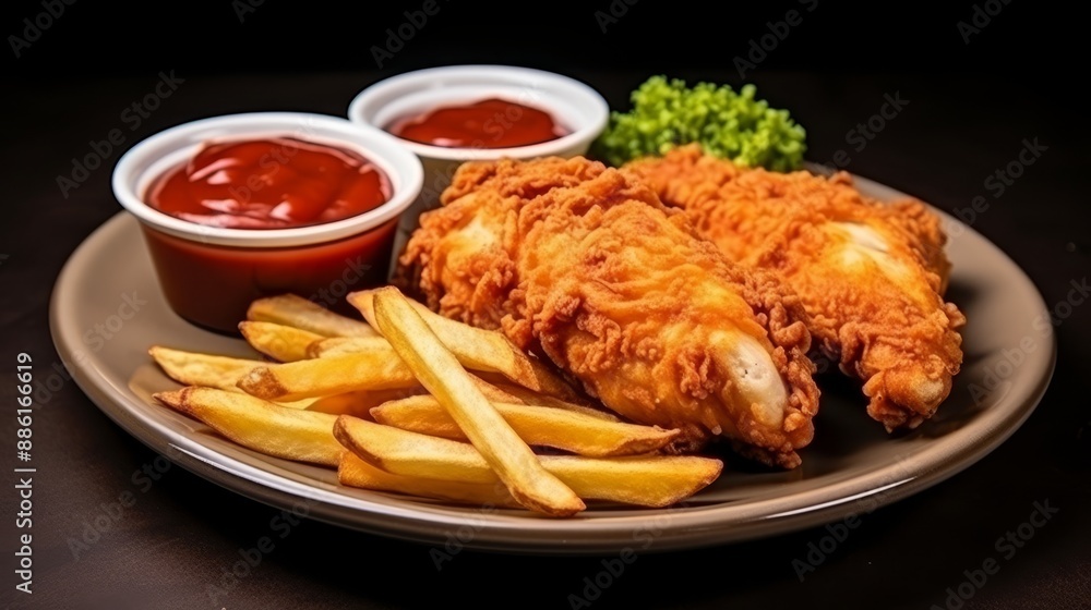 Crispy fried chicken coated in flour with tomato or ketchup sauce on isolated background