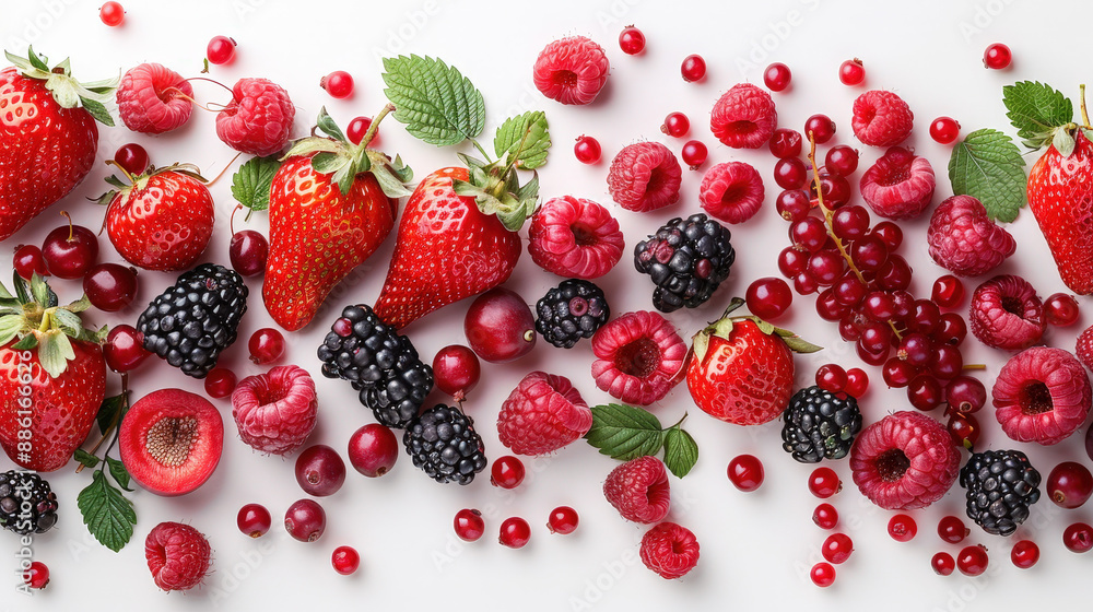 Ripe, red strawberries and blueberries isolated on white background, perfect for healthy fruit dessert concept Ripe, red strawberries and blueberries isolated on white background, perfect for healthy fruit dessert concept