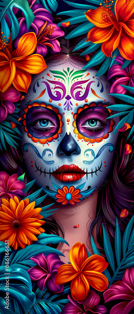 A woman with a flowery headdress and a skull on her face. The skull is surrounded by flowers and the woman has a red lip. The image is colorful and vibrant, with a mix of bright and dark colors A woman with a flowery headdress and a skull on her face. The skull is surrounded by flowers and the woman has a red lip. The image is colorful and vibrant, with a mix of bright and dark colors