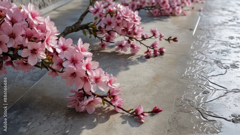 Delicate Pink Flowers on Grey Stone Surface.