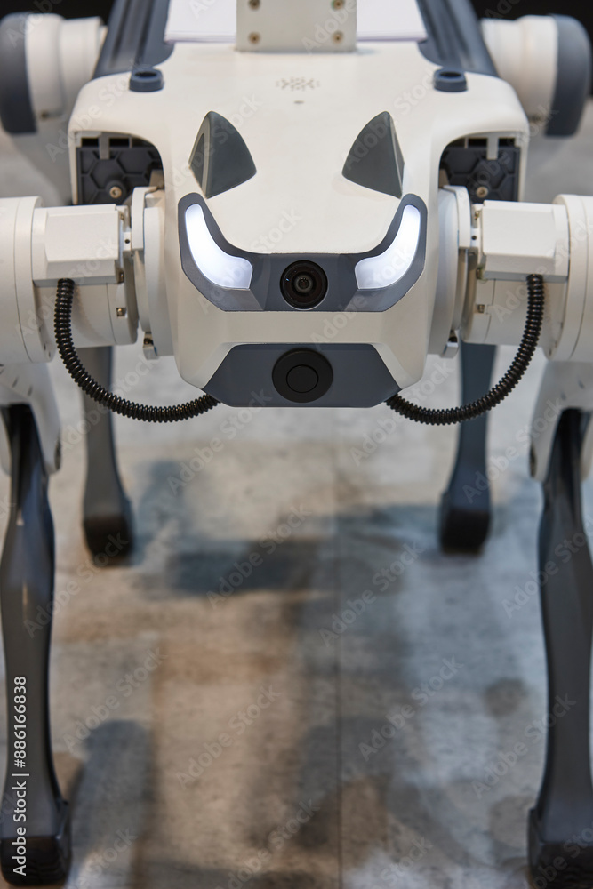 Dog robot. Artificial intelligence research industry. Robotic technology