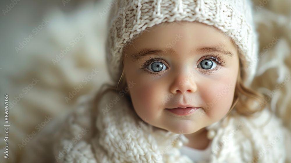 A portrait of a baby with bright blue eyes lies on a soft light blanket. Childhood concept. A portrait of a baby with bright blue eyes lies on a soft light blanket. Childhood concept.