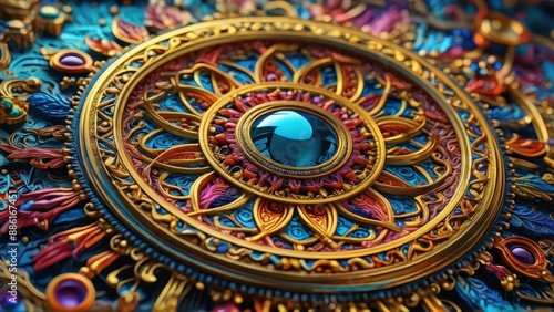 Ornate Golden Mandala with Blue Gemstone. © BOJOShop