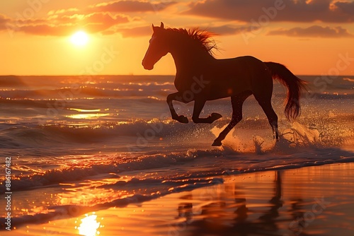 Horse Galloping Freely on a Beach at Sunset