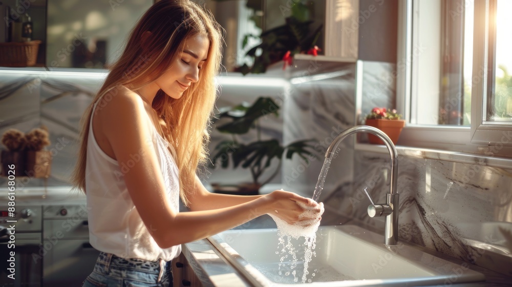 A woman is washing her hands in the kitchen sink A woman is washing her hands in the kitchen sink