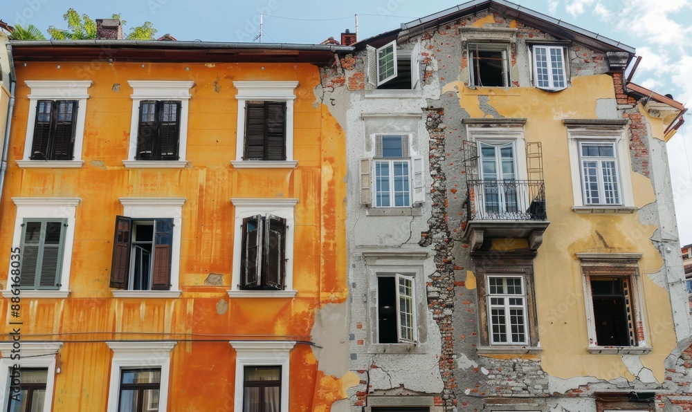 Fototapeta premium Comparison of Old Building and Newly Renovated Building, Split View, AI-Generated, 4K High-Resolution Wallpaper