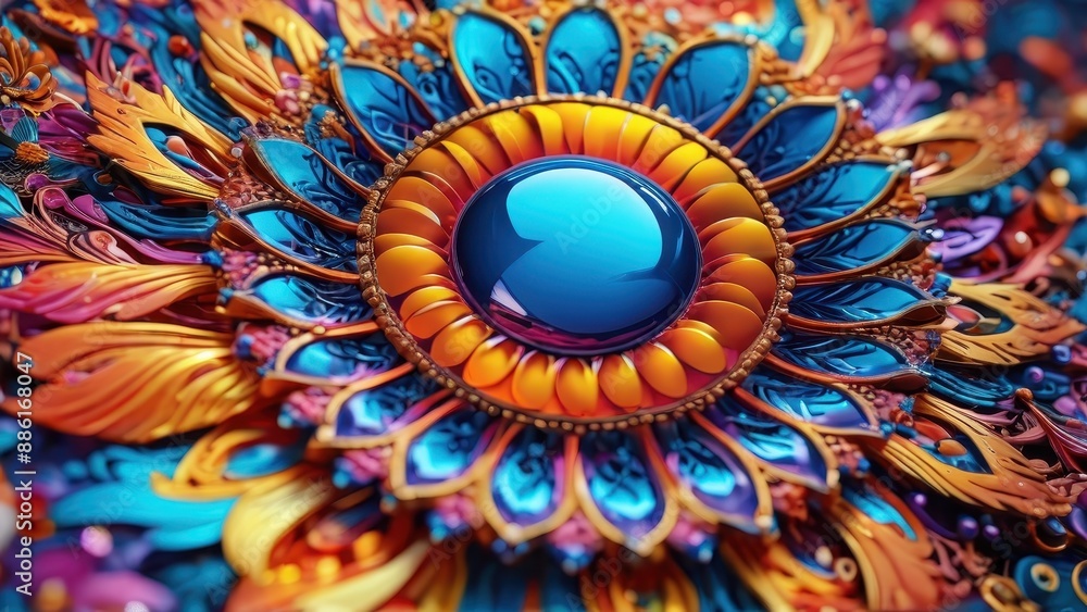 Abstract Colorful Flower with Blue Gemstone. Abstract Colorful Flower with Blue Gemstone.