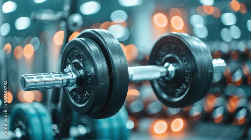 Naklejka premium Shiny Dumbbells on a Gym Rack in Fitness Center with Blurred Equipment Background - Concept of Weightlifting and Workout, Generative Ai