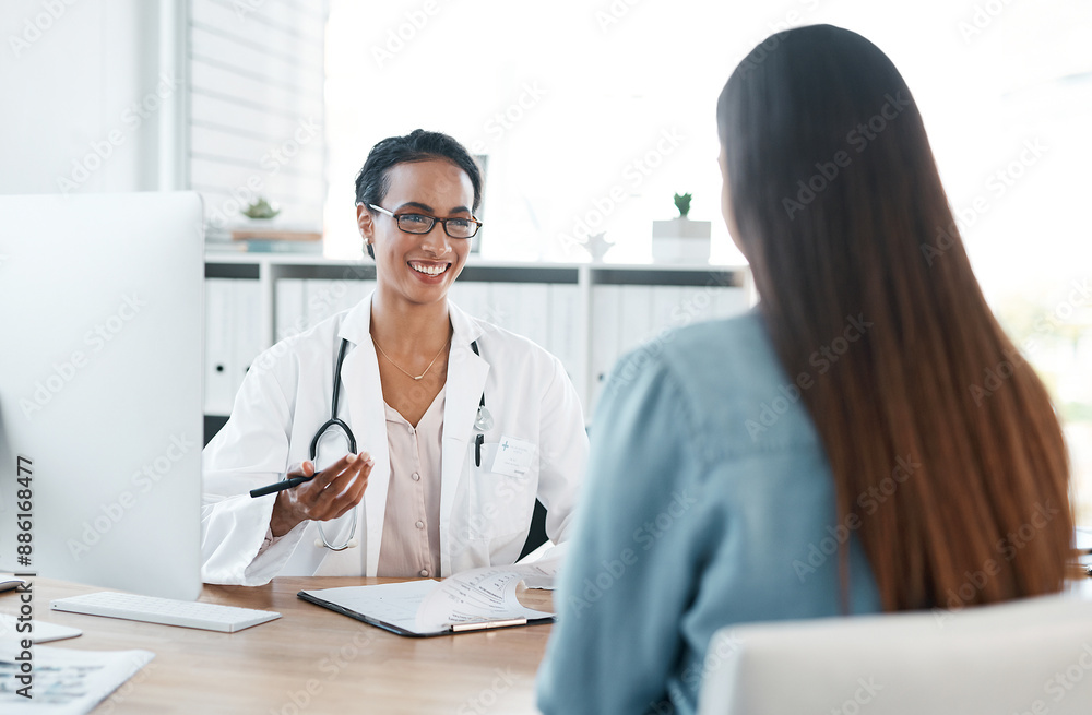 Hospital, discussion and doctor with patient for consulting, medical service and diagnosis in clinic. Healthcare, wellness and person with woman with file for checklist, results and health insurance Hospital, discussion and doctor with patient for consulting, medical service and diagnosis in clinic. Healthcare, wellness and person with woman with file for checklist, results and health insurance