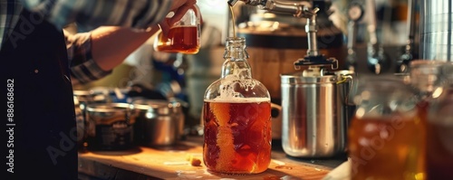 Homebrewer bottling beer with a siphon in a homebrew setup, craft beer, homebrewing