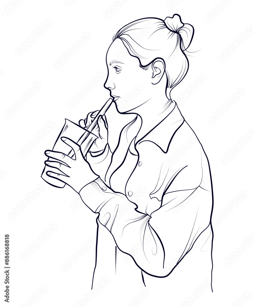 black and white hand-drawn drawing of a girl drinking a cocktail from a straw vector black and white hand-drawn drawing of a girl drinking a cocktail from a straw vector
