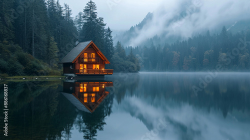 Serene Lakefront Cabin in the Misty Mountains at Dusk, calm and tranquil in a wild setting © russcom