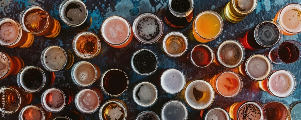 Top view of a craft beer tasting event with diverse beer glasses and tasting notes, craft beer, beer tasting event Top view of a craft beer tasting event with diverse beer glasses and tasting notes, craft beer, beer tasting event