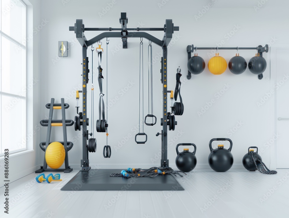 Modern Gym Technology - Advanced Fitness Equipment Close-up Shot with Treadmill, Resistance Bands, and Kettlebells, Generative Ai Modern Gym Technology - Advanced Fitness Equipment Close-up Shot with Treadmill, Resistance Bands, and Kettlebells, Generative Ai