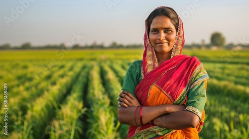 Indian Woman Farmer with Red Scarf Standing Confidently in Green Agricultural Field