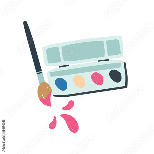 Back to school with paints and brushes, art supplies. Hand drawn vector illustration in simple style.