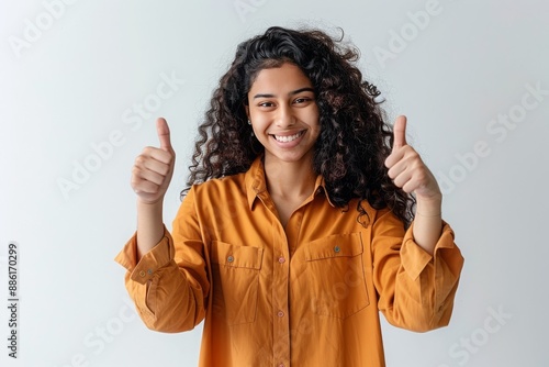 Happy Indian Woman with Curly Hair Giving Thumbs Up and Smiling in Orange Shirt photo