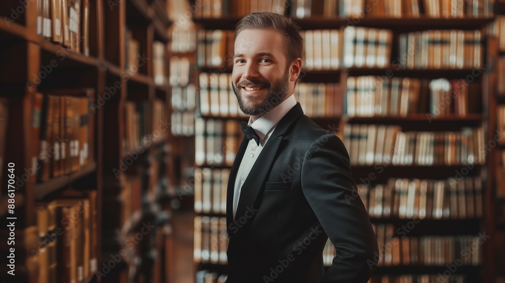 Professional Male Historian in Formal Attire, Smiling in a Library with History Books, Demonstrating His Deep Understanding and Passion for History and Educational Research Professional Male Historian in Formal Attire, Smiling in a Library with History Books, Demonstrating His Deep Understanding and Passion for History and Educational Research