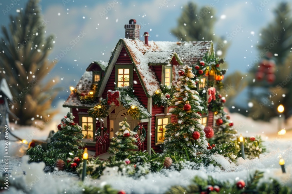 custom made wallpaper toronto digitalMiniature red christmas house covered in snow with lights glowing, creating a warm and cozy atmosphere