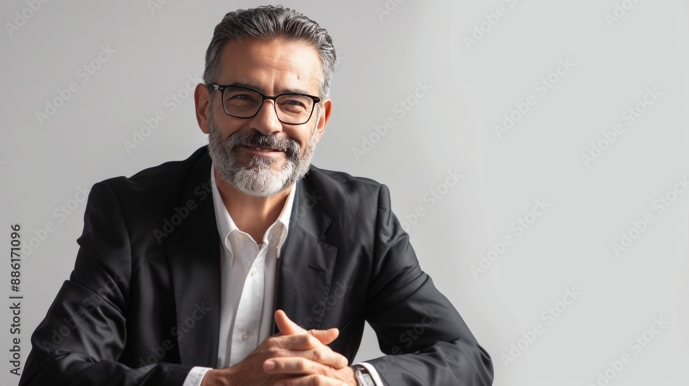 A confident businessman isolated on grey pointing finger aside at copyspace