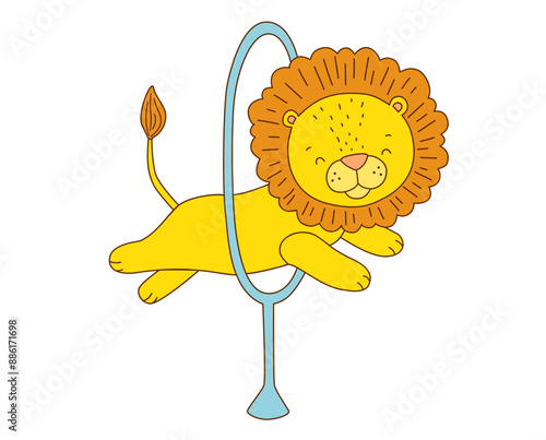 Cute circus lion. Funny animal. Hand drawn color illustration for kids