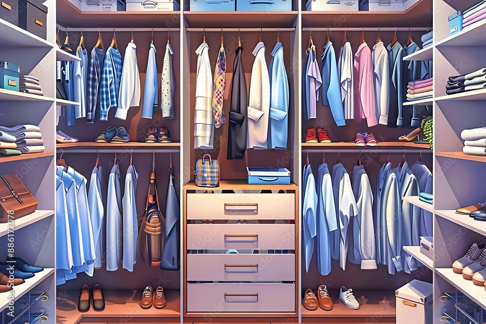 Illustration of a Modern Closet with Organized Clothes and Shoes Illustration of a Modern Closet with Organized Clothes and Shoes