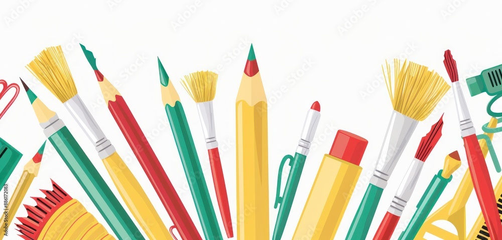 Fototapeta premium Playful design of drawing tools in yellow, red, green.
