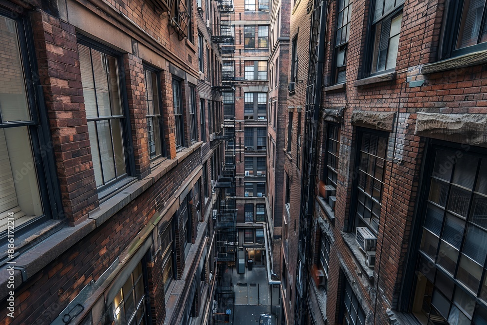 view of brick buildings in New York City, photography, aerial view, view from the street to alleyway between building facades, windows on each side of narrow alleyway, view of brick buildings in New York City, photography, aerial view, view from the street to alleyway between building facades, windows on each side of narrow alleyway,