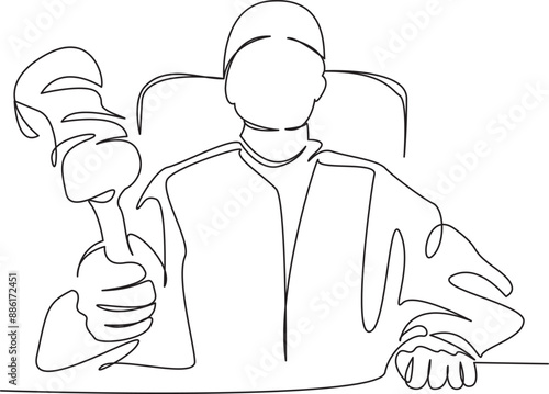 One continuous single drawing line art flat doodle judge, law, justice, court, gavel, legislation, decision, hammer, verdict. Isolated image hand draw contour on a white background