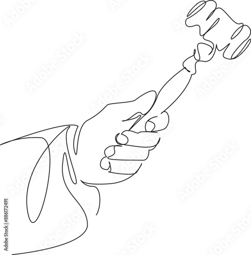 One continuous single drawing line art flat doodle judge, court, gavel, law, legal, justice, hammer, gavel in the judge's hand. Isolated image hand draw contour on a white background