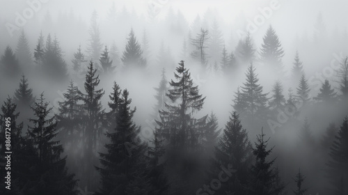 Foggy forest with tall evergreen trees creating a mysterious atmosphere..