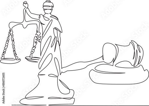 One continuous single drawing line art flat doodle judge, court, woman, legal, justice, themis, law, gavel, symbol. Isolated image hand draw contour on a white background